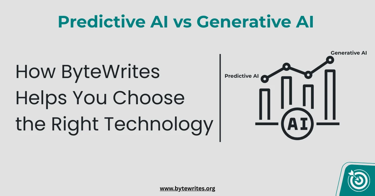 A visual illustration of Predictive AI vs Generative AI  highlighting how Bytewrites helps businesses choose the best AI technology for their needs.