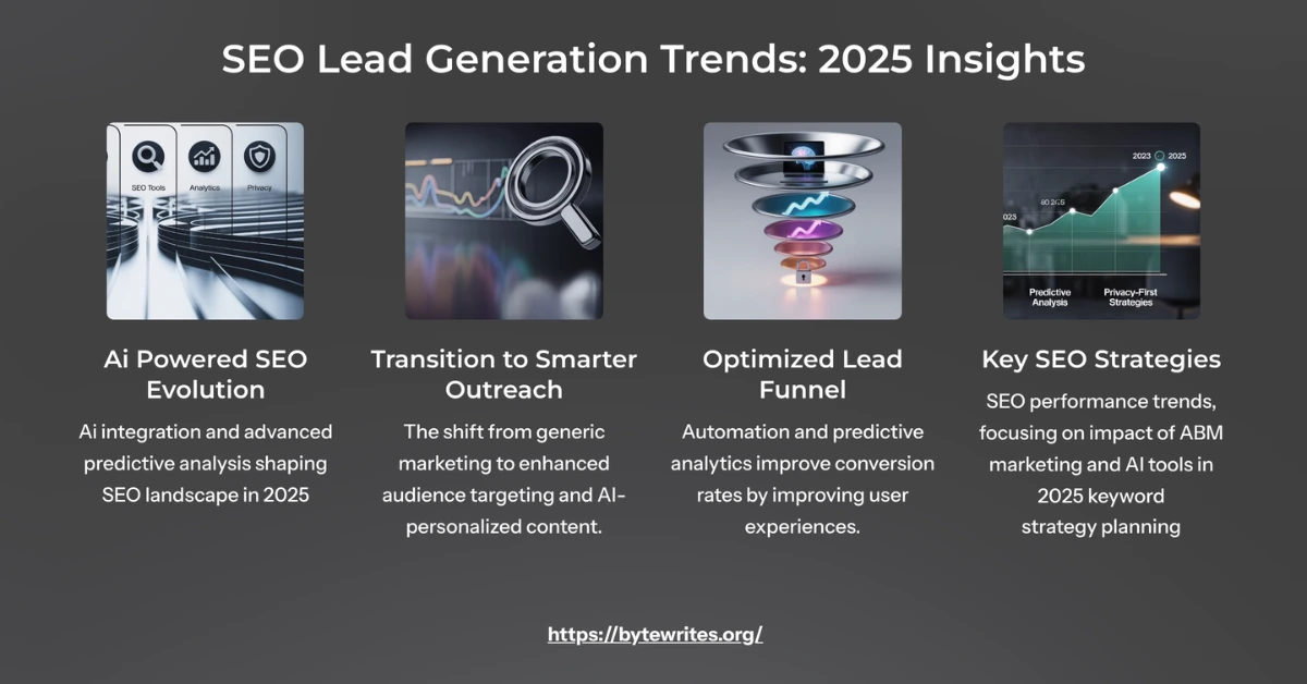 Visual breakdown of SEO lead gen strategies for 2025: evolving from traditional methods to AI-powered personalization and privacy-focused funnels