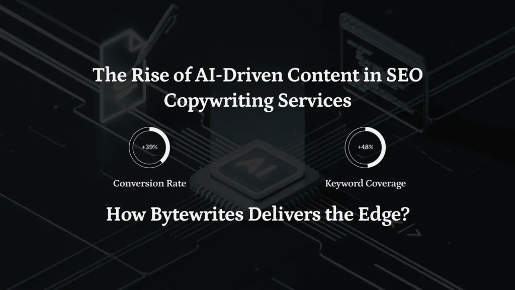 A graphic shows advantages of AI in SEO copywriting: increased keyword coverage and conversion rates