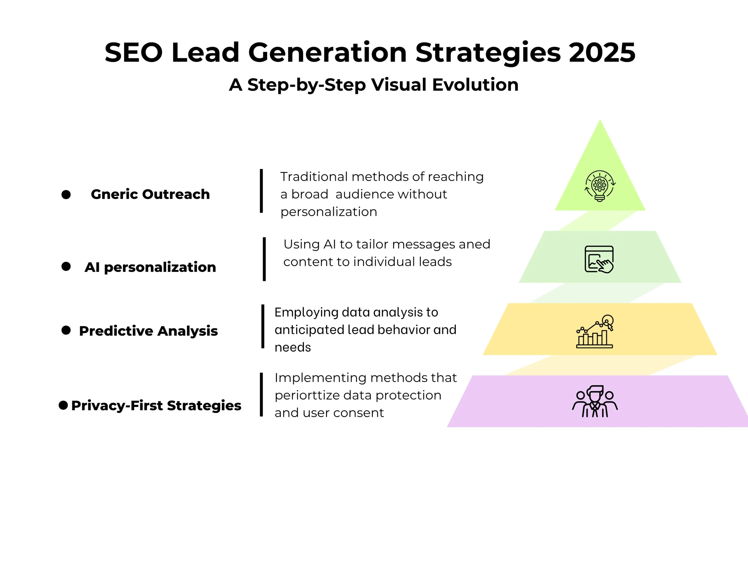 The pyramid infographic illustrates how SEO lead generation services have evolved over time, moving from traditional approach to AI based advancements in 2025