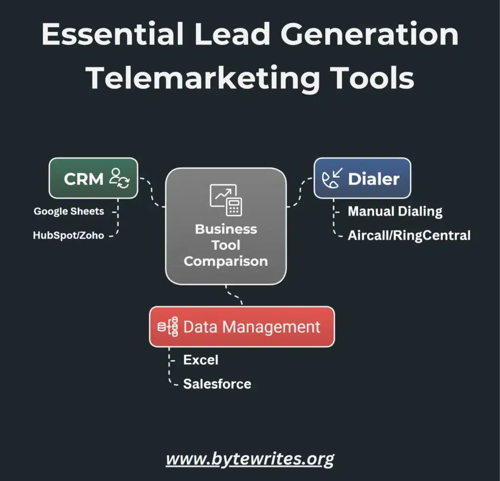 Infographic of essential CRM, dialer, and data tools for telemarketing lead generation