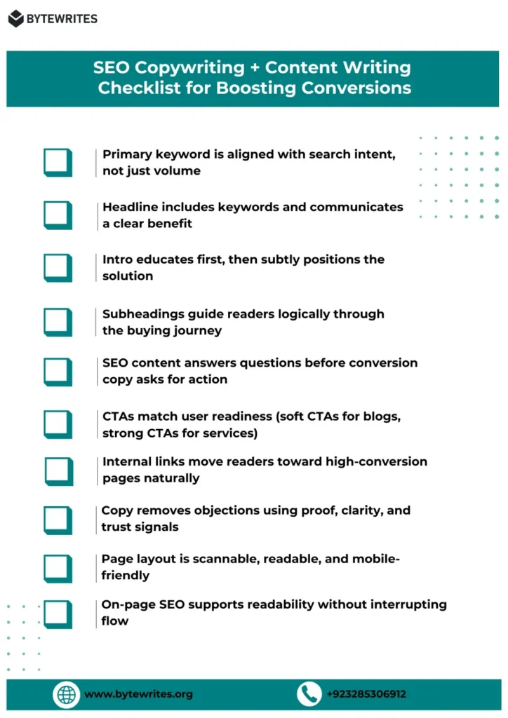 A complete conversion-focused copy and content writing checklist writers use to grow their reach.